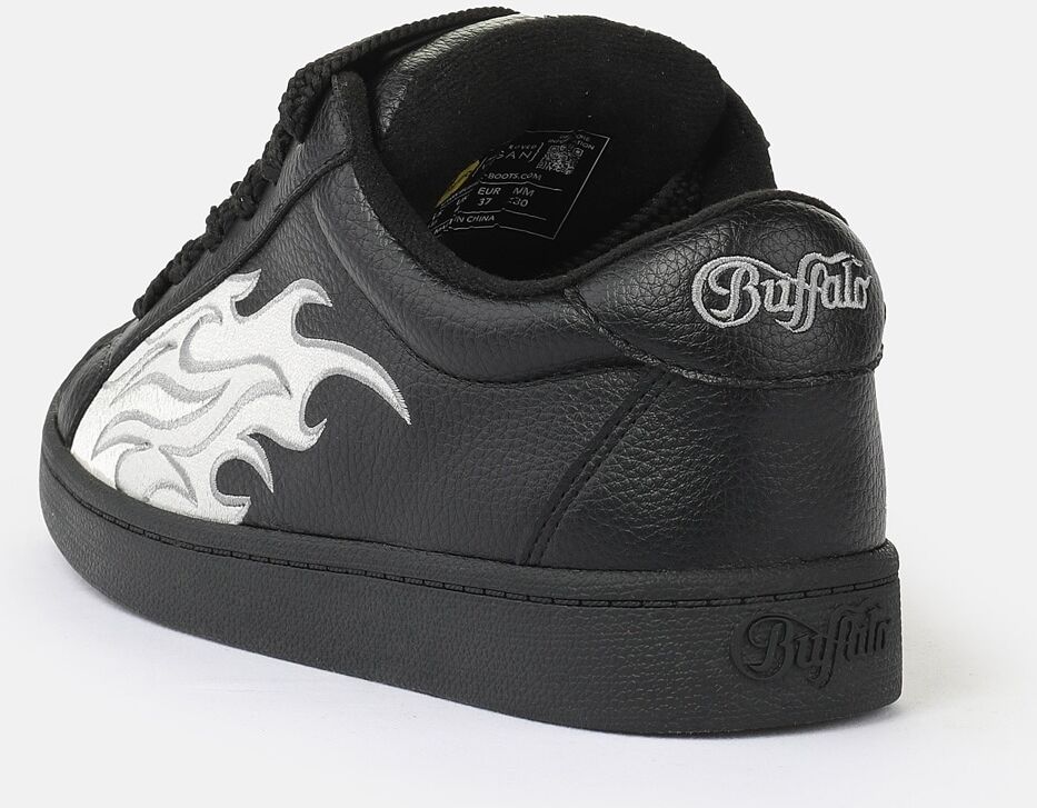 Sneaker BUFFALO "LIBERTY", Damen, Gr. 36, schwarz, weiß, Lederimitat, kontrastfarbene Details, Schuhe Sneaker, Freizeitschuh, Schnürschuh, Halbschuh mit trendigem Flammenmotiv schwarz, weiß 36