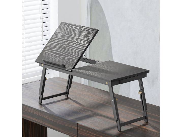 HOMCOM Table de Lit Bambou Réglable Plateau Inclinable Noir