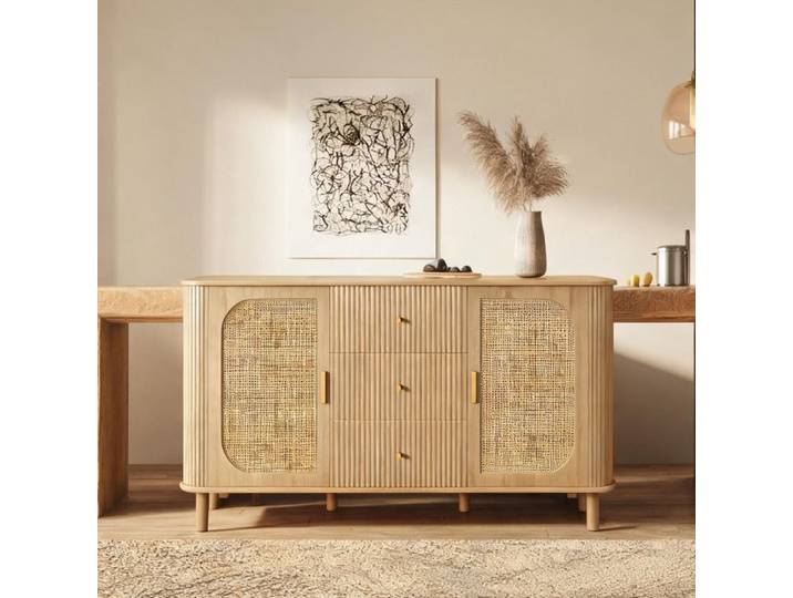 Buffet 2 portes 2 tiroirs 140x40x80 cm organic natural design contemporain MDF et cannage