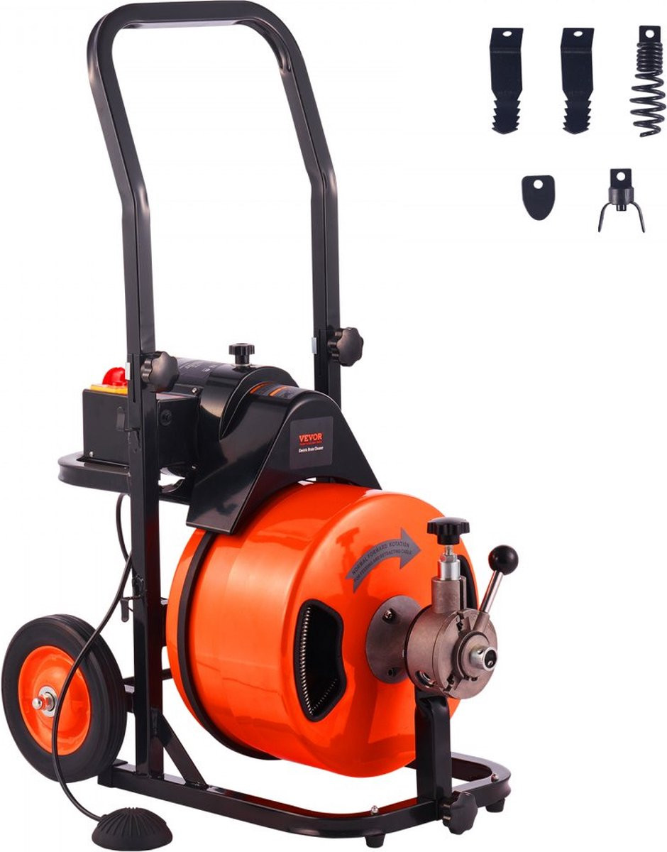 Elektrische ontstoppingsmachine met 22,86 meter staalkabel, 1500 rpm, oranje