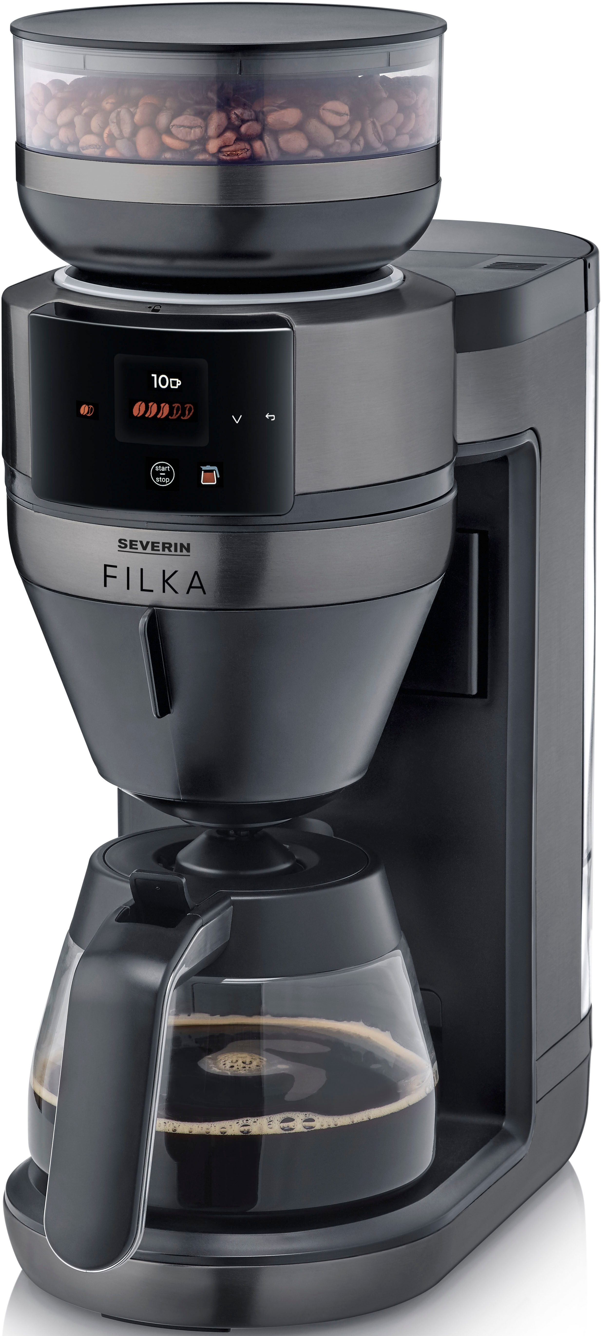 Severin Kaffeemaschine mit Mahlwerk "KA 4854 FILKA (2. Generation), Filterkaffee-Vollautomat", schwarz (schwarz inox, mattschwarz), 1,4 l, 10, Kaffeemaschinen, mit Glaskanne, Kaffeemaschine mit Mahlwerk