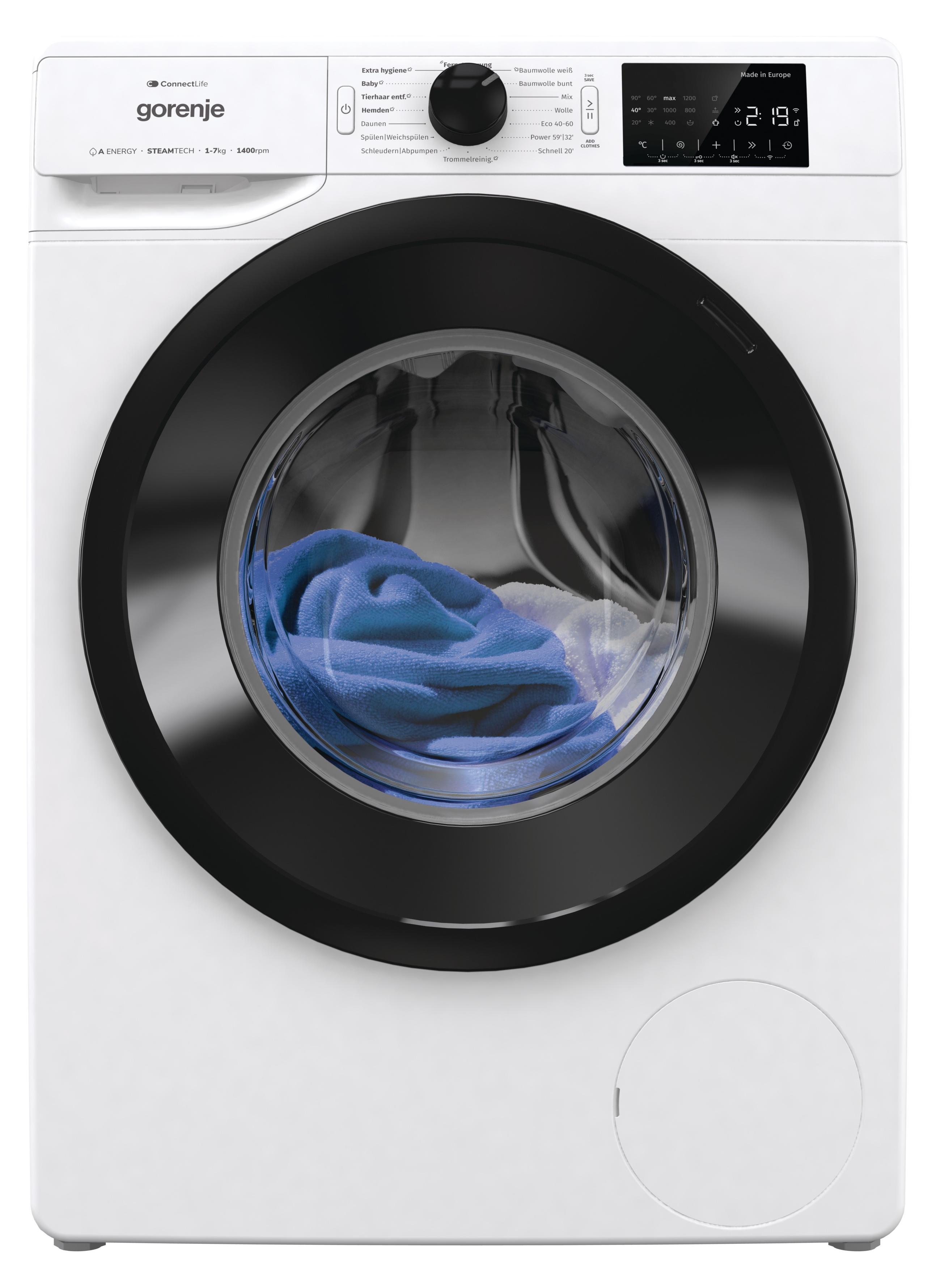 Gorenje WPNEI74A1TS Waschmaschine, 7 kg Fassungsvermögen, 1400U/Min, ConnectLife, 15 Programme, weiß