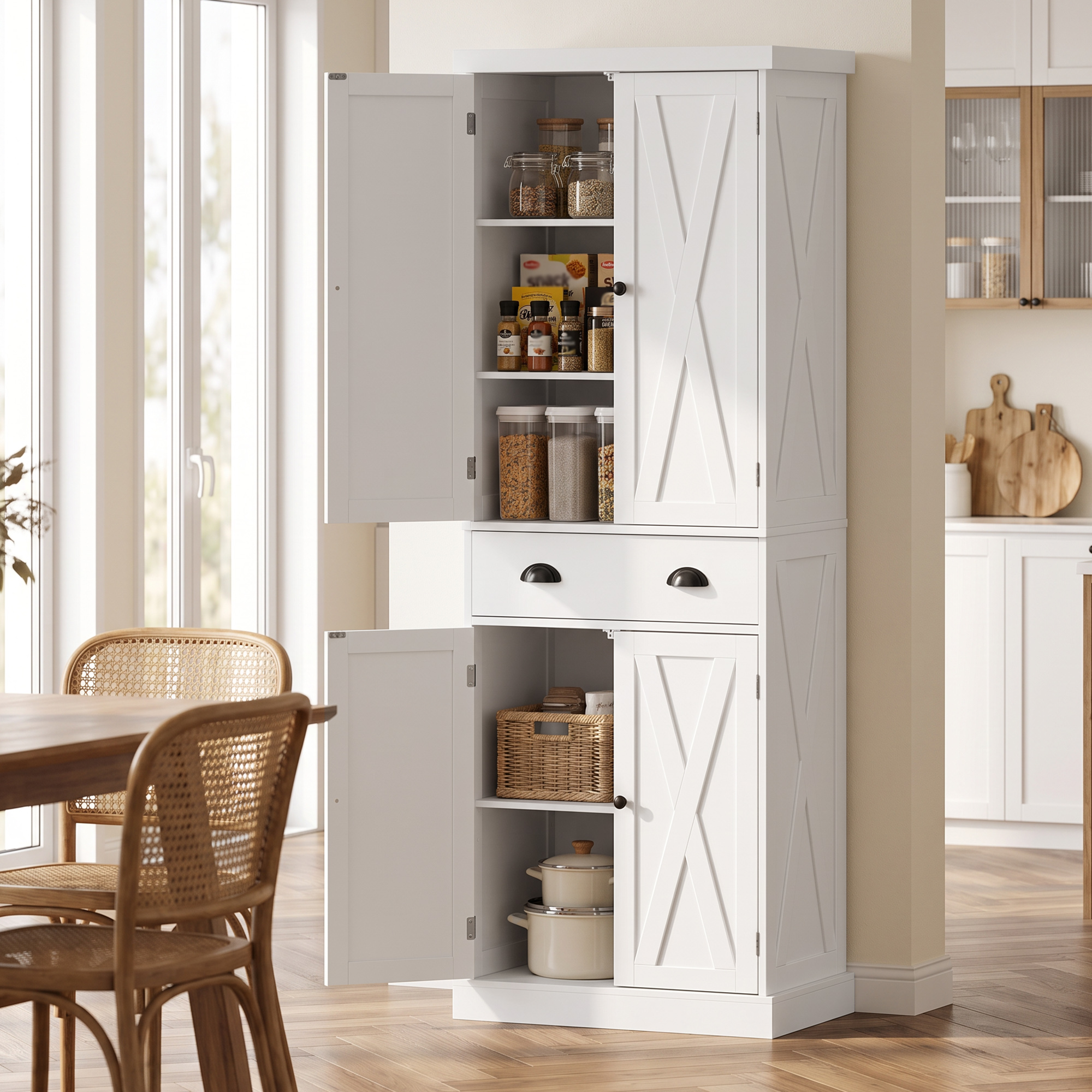 Homcom Credenza alta da cucina con 4 ante, cassetto e ripiani, 62x38x173 cm, bianco   Aosom Italy