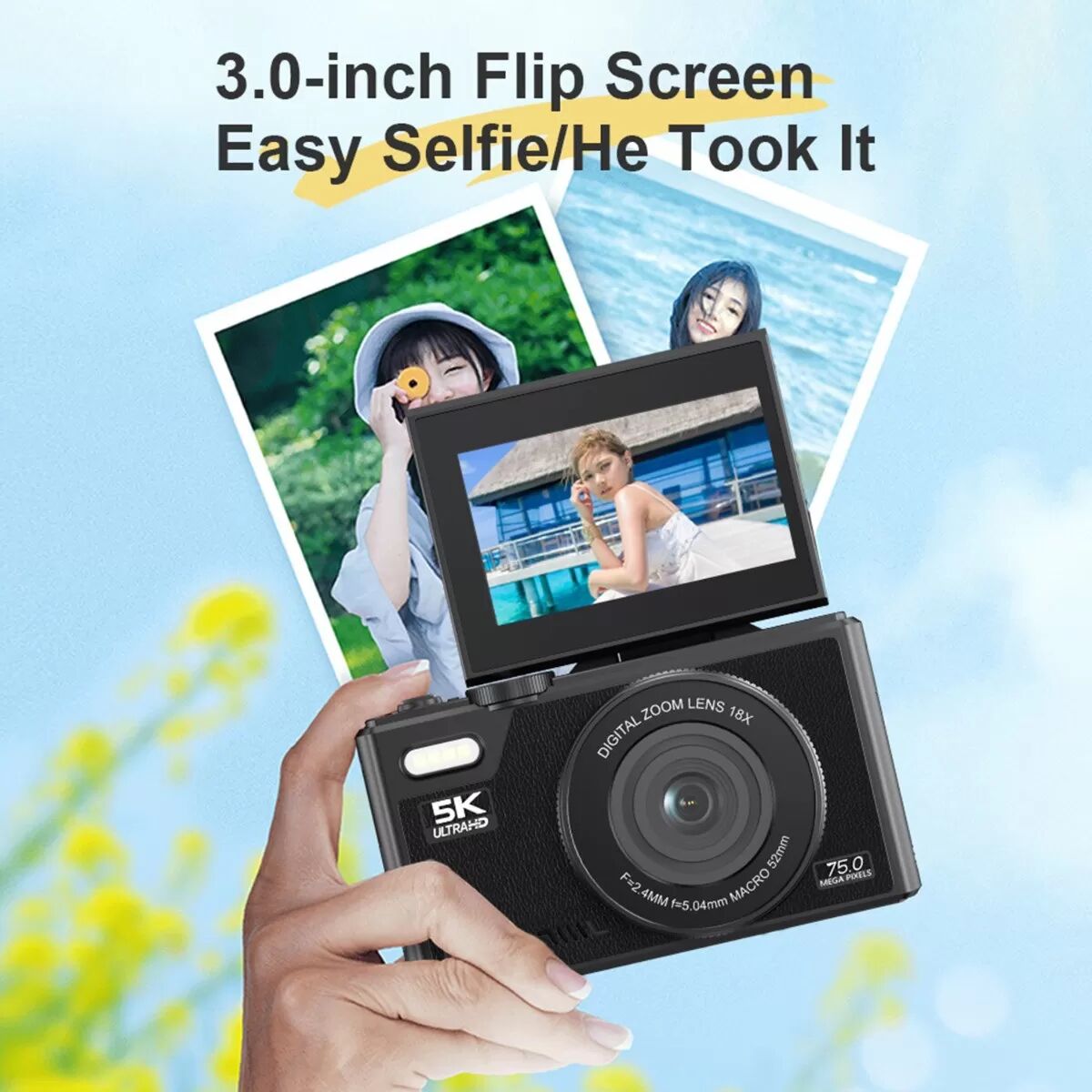 INF 5K Ultra HD Digitalkamera - Schwarz, 75MP, 18x Zoom, WiFi, mit 32GB Karte, Typ-C Adapter & Kartenleser