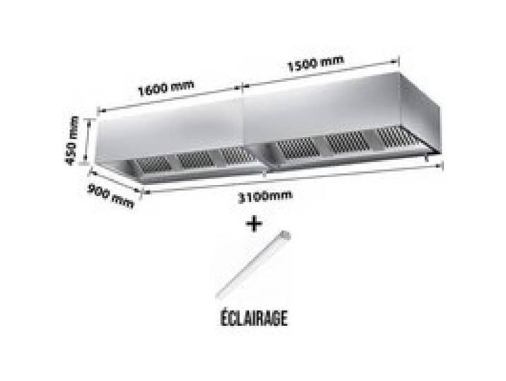 Hotte caisson sans moteur 3100x900x450 mm avec éclairage filtre et robinet de vidange PREMIUM - GOLDINOX