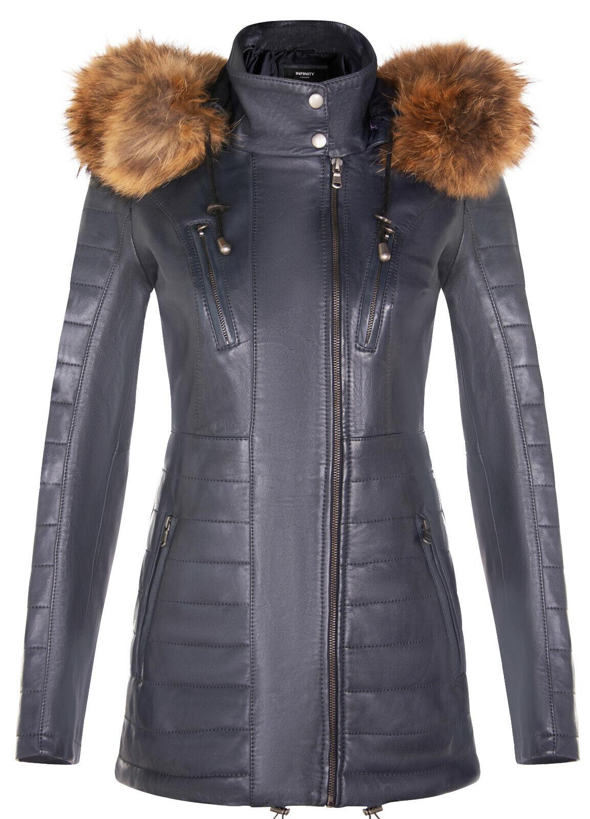 Damen-Parkajacke aus Leder in schmaler Passform mit Kapuze – Northam
