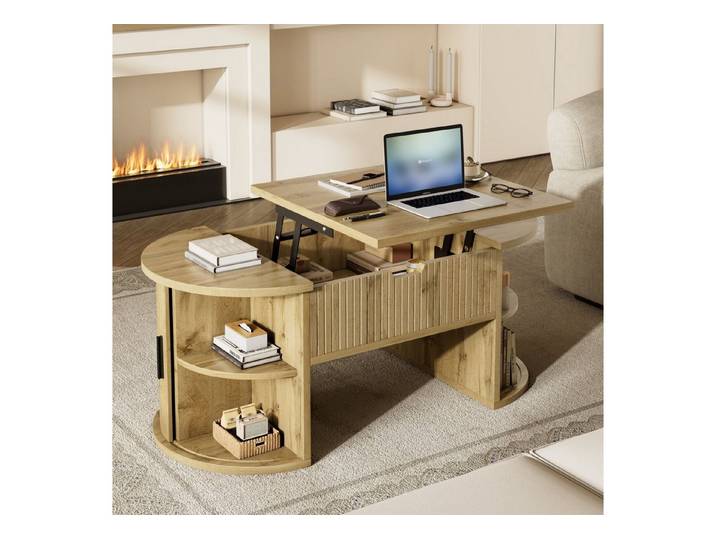KLAM HOME Couchtisch Höhenverstellbarer Couchtisch Eiche Optik (Multifunktional mit Stauraum & Schiebetüren), Ideal für Wohnzimmer, Homeoffice & kleine Wohnungen