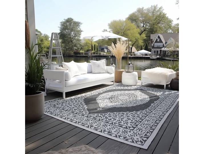 ELLE Decoration Tapis Oriental réversible résistant aux intempéries et imperméable - Design Vintage - Tapis d'extérieur Oriental pour Jardin\, Balcon\, terrasse\, Salon - Noir\, 120 x 170 cm