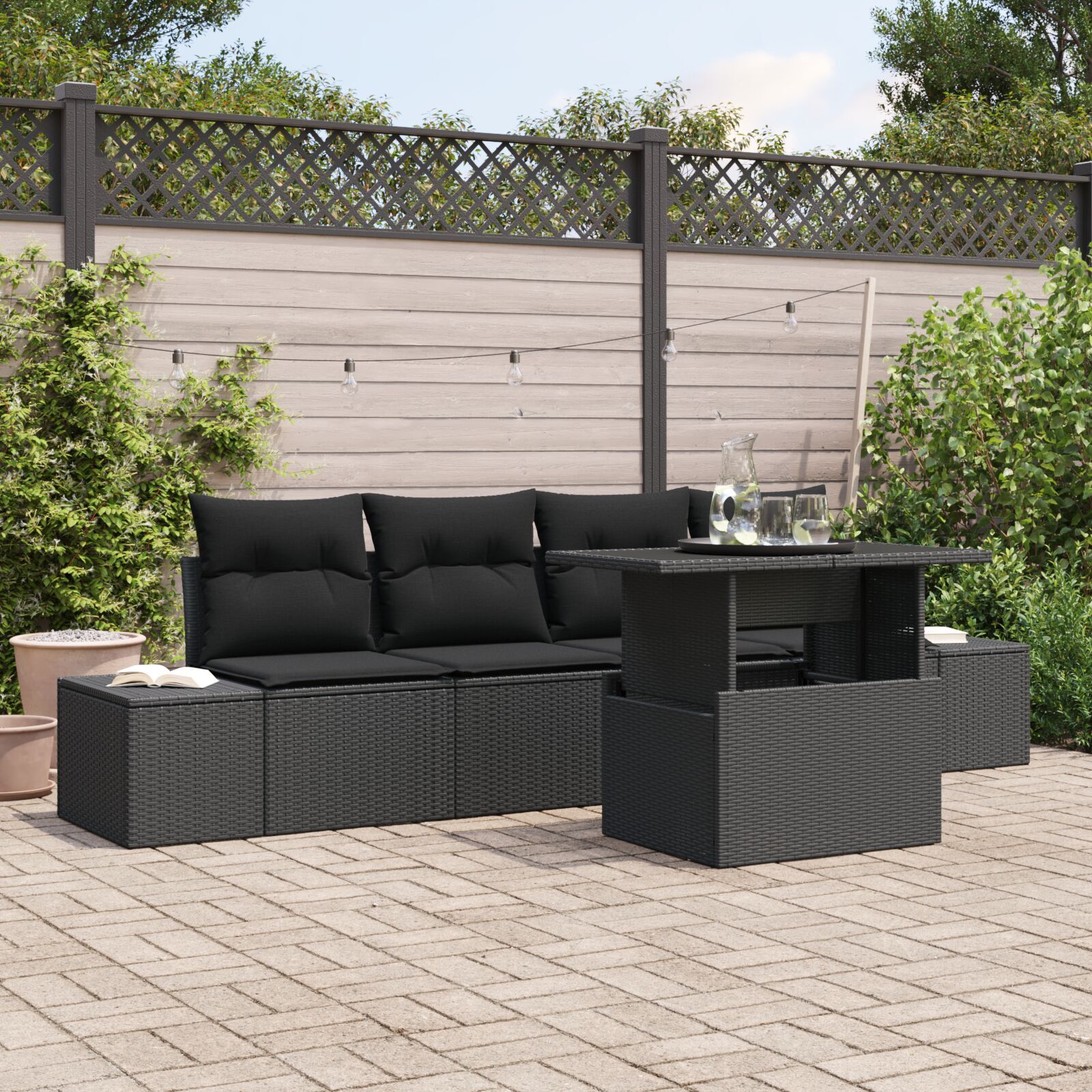 ZMH 5-teiliges Garten-Sofa-Set mit Kissen Schwarz Poly Rattan