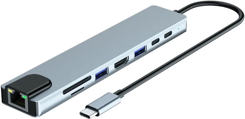 Greenmind 8-In-1 Usb-C Hub 100w 2 X Usb-A, 2 X Usb-C, 1 X Hdmi, 1 X Ethernet, 1 X Sd & 1 X Mikro Sd Space Grey