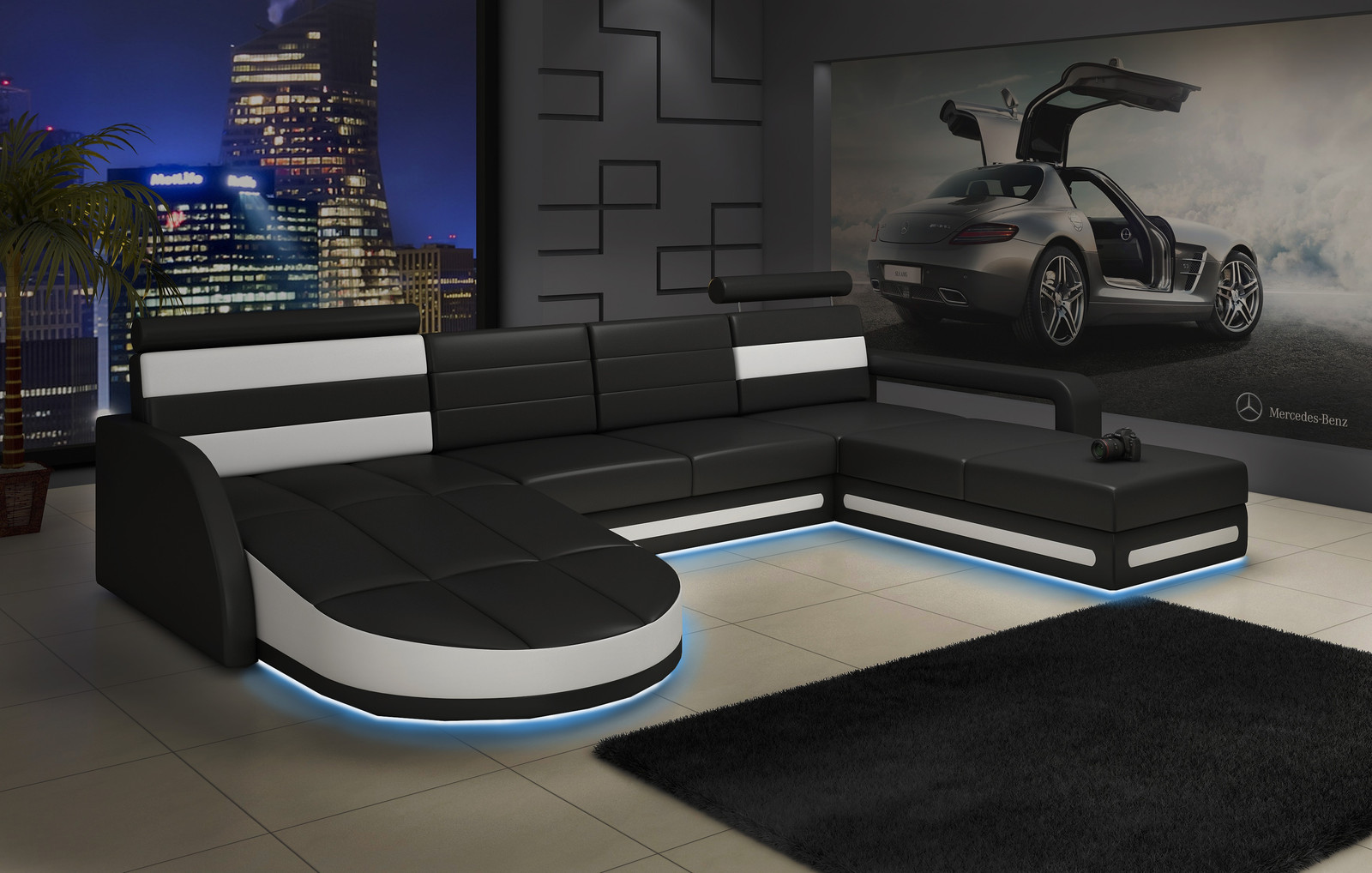 Modern XXL hoekbank design in zwart met USB-oplaadfunctie