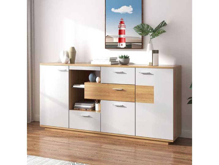 LEMLIT Buffet Salon 160cm Blanc Haute Brillance avec Lumière LED Compartiment Ouvert 2 Portes et 4 Tiroirs Commode 160x40x77cm