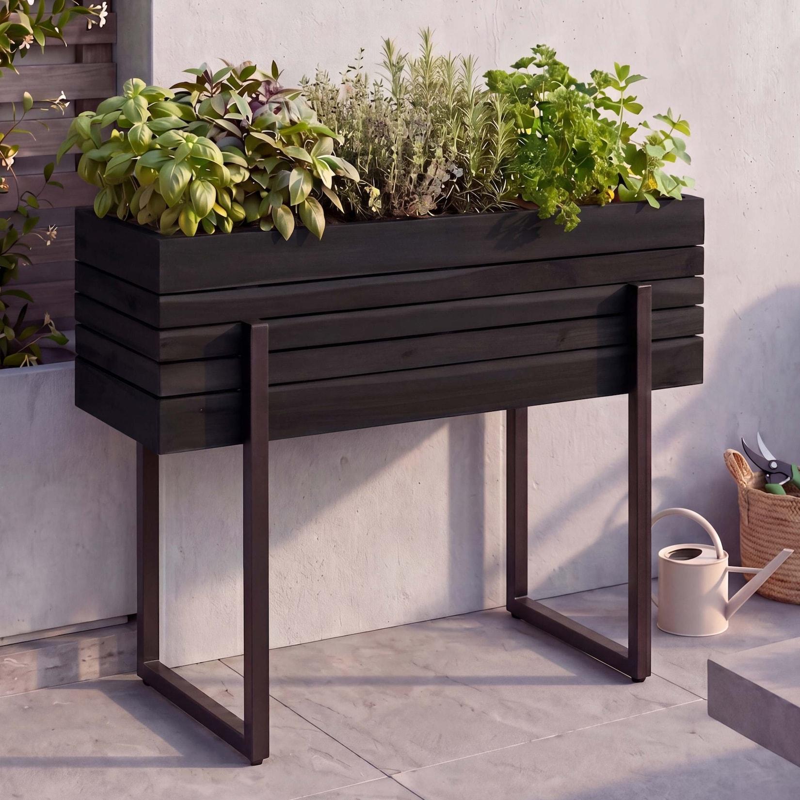 Hochbeet MCW-P85, Pflanzbeet Blumen-/Pflanzkasten Pflanzkübel, Outdoor Metall Akazie Holz MVG 68x80x30cm ~ schwarz