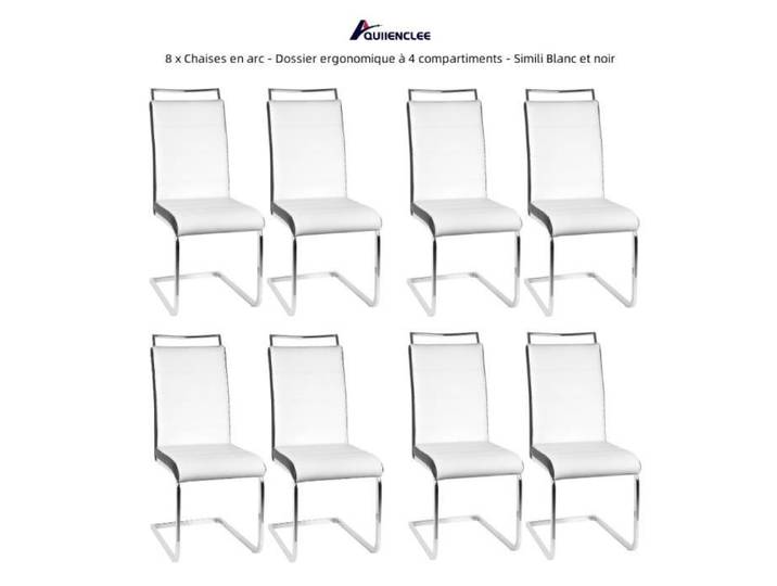 QUIIENCLEE 8 x Chaises en arc - Dossier ergonomique à 4 compartiments - Simili Blanc et noir L 46 x 44 x 101 cm