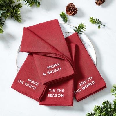 Threadmade Joyful Sentiment Christmas/Holiday Embroidered Napkins, Set of 4 - 17x17