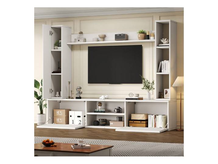 Odikalo Wohnwand Mediawand inkl.TV-Board,Standregal,2 Wandregal, (180x35x33.5cm TV Wohnwand-set mit Vitrinen (Komplett-Set, 4-St),TV Wohnzimmermöbel-Set,TV-Schrank, stehend&hängend,TV bis 80',Weiß 4 -St. Komplett-Set, Set, Größe des Fernsehschranks:180*35*33.5cm Wandschrankgröße:20*35*90cm Wandregalgröße:140*13*12cm, 4-St., Komplett-Set, Set), Gewichtskapazität:30KG