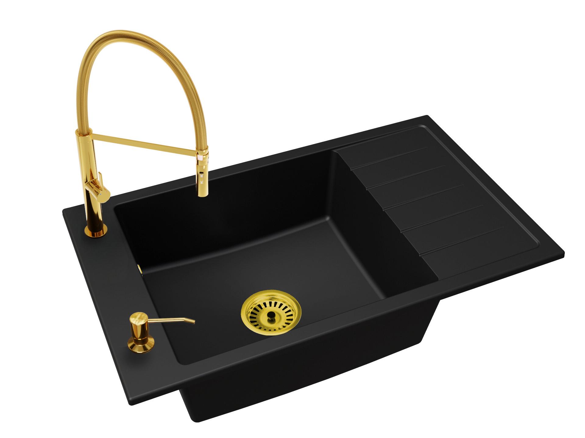 Küchenspüle Einbecken LUIS mit Abtropffläche + Siphon + Armatur FULL Gold + Seifenspender