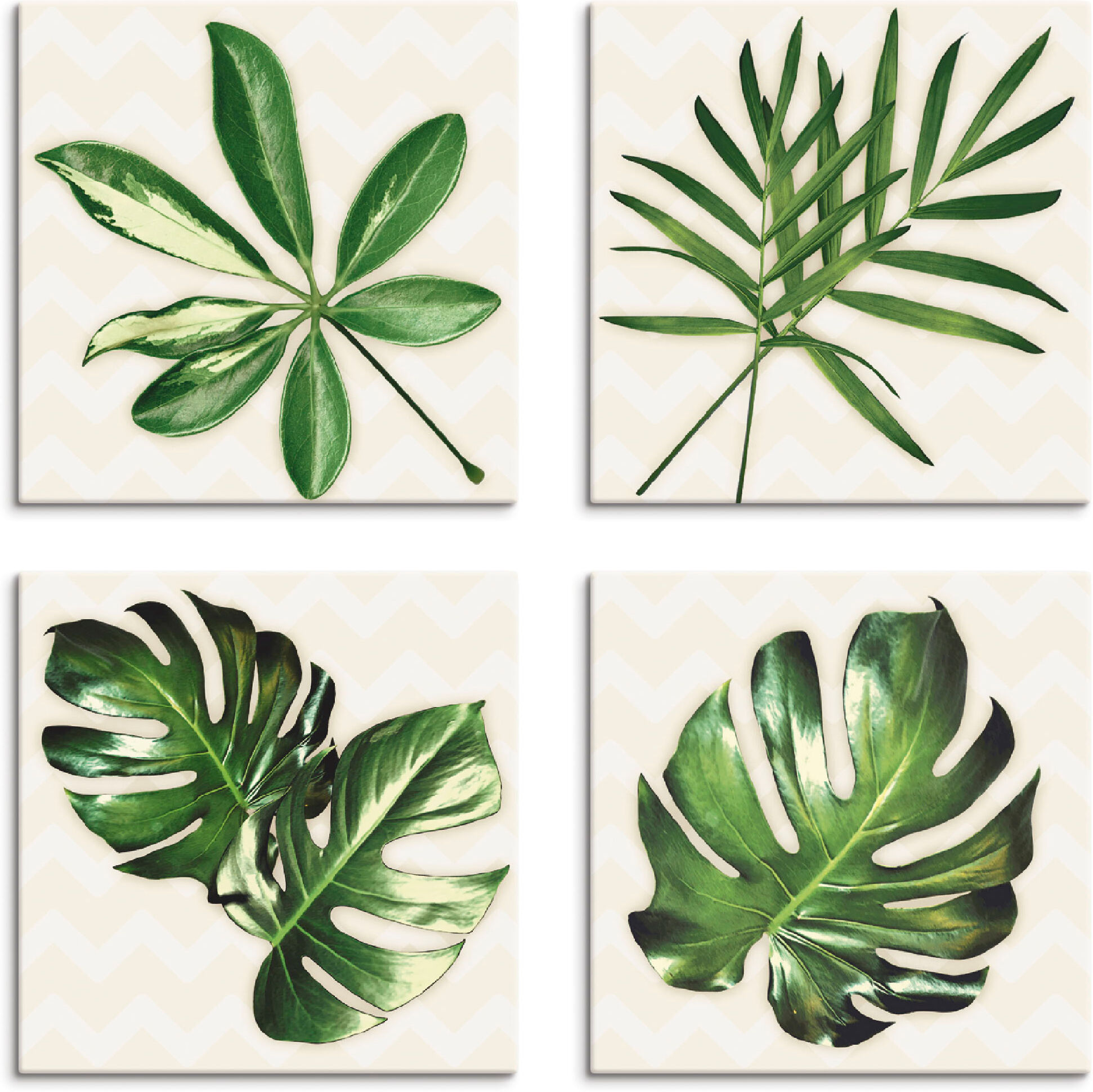 Leinwandbild ARTLAND "Blätter mit Muster", beige (farbe bild(er): naturfarben), B:30cm H:30cm, Leinwand, MDF, Bilder, Leinwandbild, 4er Set, verschiedene Grössen farbe bild(er): naturfarben B/H/T: 30cm x 30cm, Leinwandbild Blätter quadratisch, 4 Stk.