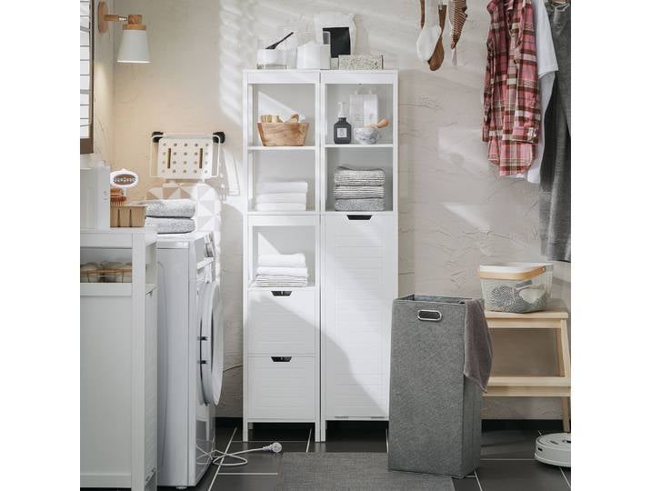 Sobuy Bzr123-W Armoire Haute avec Sac à Linge Extractible, Meuble de Salle de Bain, Meuble de Lavanderie Étroit, Étagère de Salle de Bain