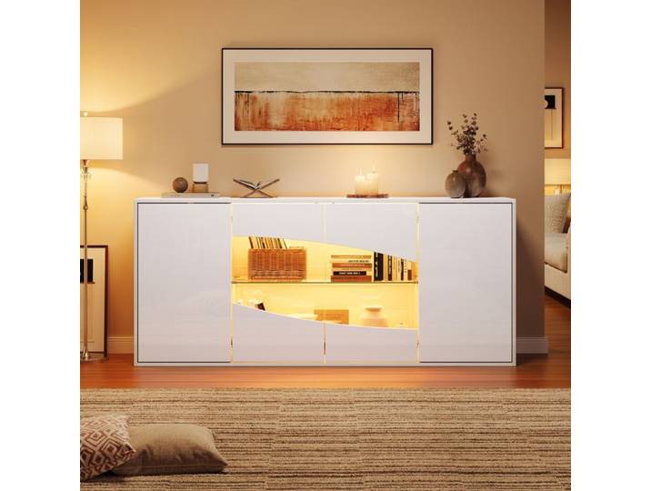 Buffet Blanc Brillant 160x35x70cm LED RGB Bluetooth 4 Portes dont 2 Verre Sécurit 6 Rangement Étagères Réglables Salon