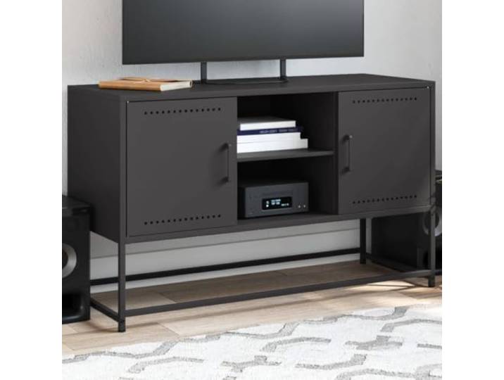 HEFZGDB Industrie-Stil TV-Schrank Schwarz 100,5x39x60,5 cm Stahl Gestell mit reichlich Stauraum für Multimedia-Geräte, Robustes Möbelstück für Wohnzimmer, einfach zu reinigen,