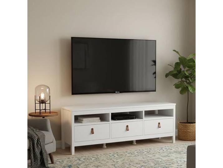 Dmora - Fernsehschrank Liliane, Ständer für Wohnzimmerfernseher, Niedriges Wohnzimmer-Sideboard, TV-Ständerbasis, 151x38 h54 cm, Weiß