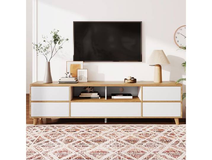 Meuble TV - KOMHTOM - Meuble TV Blanc et Bois - 175x37x51 cm - Rangements portes - Style Scandinave