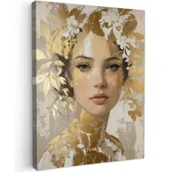 LEINWANDBILD Gesicht - Frau - Blätter - Gold Wandbild Wohnzimmer 60x80 cm
