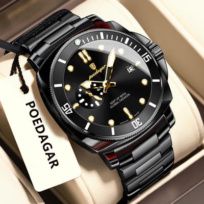 Youfap Market Waterproof Luminous Date Men's Watches Stainless Steel Business Quartz Luxury Wristwatch For Men black Black