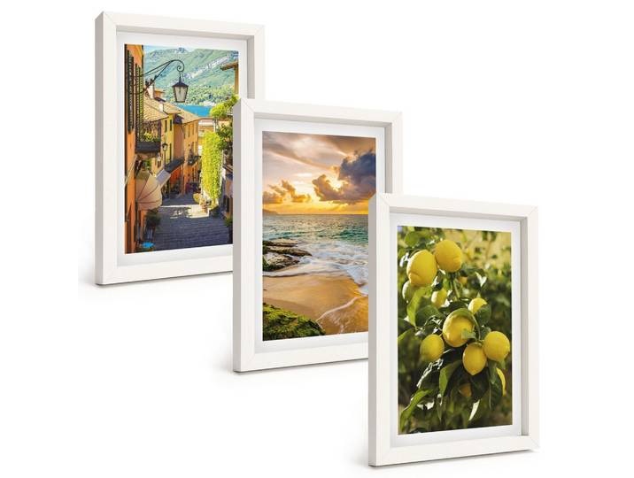 BILDER SET 3er Set - 20x30 cm Weißer Rahmen - Straßen, Meer, Strand, Zitrusbäume