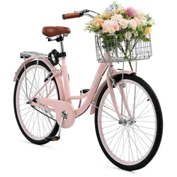 VEVOR Cruiser Fahrrad (Reifendurchmesser 660,4 mm) Beach Fahrrad mit großem Korb & Gepäckträger, Cruiser-Fahrrad mit verstellbarem Sitz, für Radfahren & Trainieren & Einkaufen Rosa