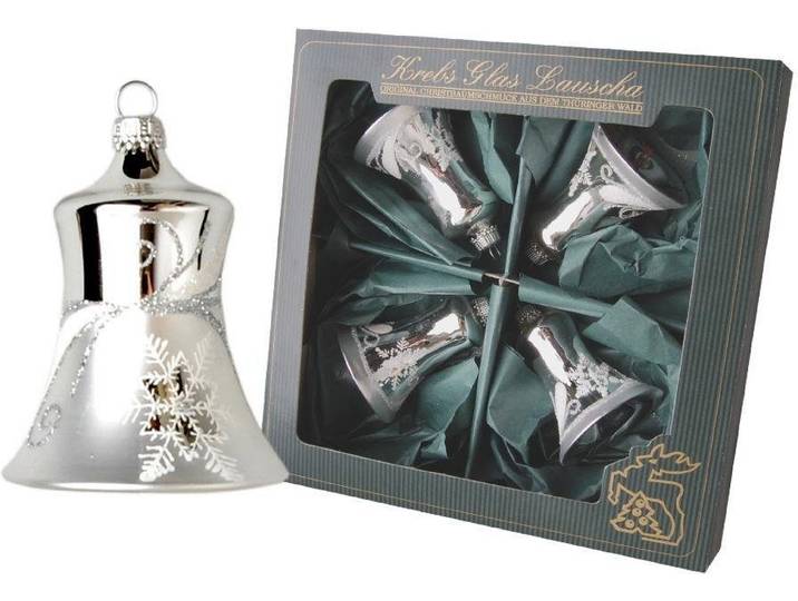 Christbaumschmuck KREBS GLAS LAUSCHA Glocken, Weihnachtsdeko, Christbaumschmuck , silber (silberfarben), H:7cm Ø:7cm, Glas, Weihnachtsbaumschmuck, Christbaumschmuck, mundgeblasen