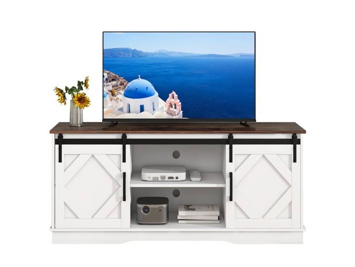 Maisentiel Meuble TV moderne pour TV jusqu à 65 pouces 150x40x60 cm - 2 portes coulissantes pour le salon brun et blanc