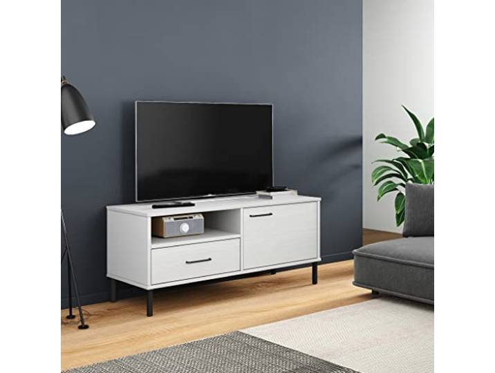 HEFZGDB TV-Schrank Oslo mit Metallbeinen Weiß Massivholz Kiefer 2 Fächer 1 Schublade für Wohnzimmer Aufbewahrung