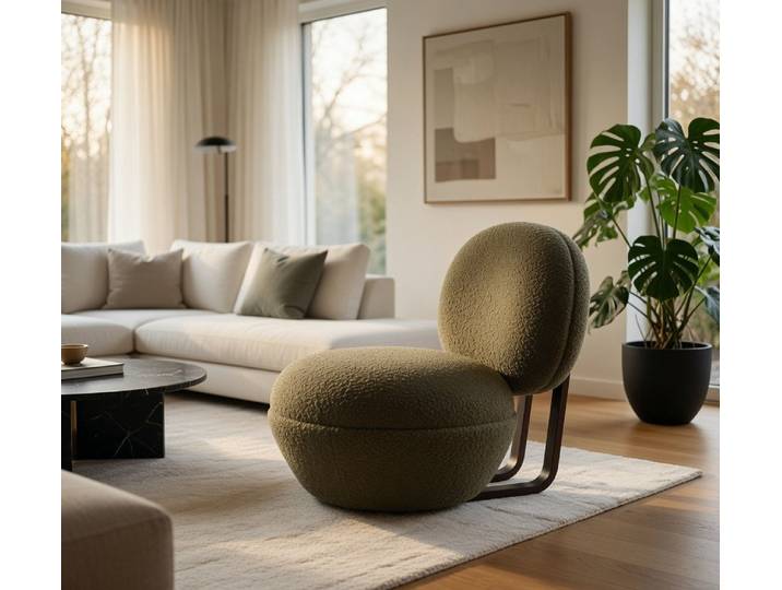 JVmoebel Loungesessel Designer Sessel Bouclé Grün Rundform Dunkles Gestell (1-St), Made in Europa