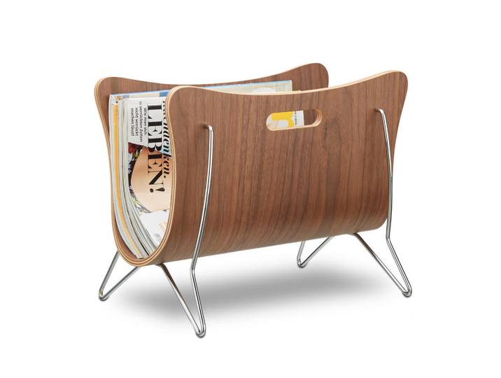 Relaxdays Zeitungsständer Braun Holz gebogen mit Tragegriffen, Holz, Metall, 25x30x37 cm, Wohnzimmer, Kleinmöbel, Zeitungsständer