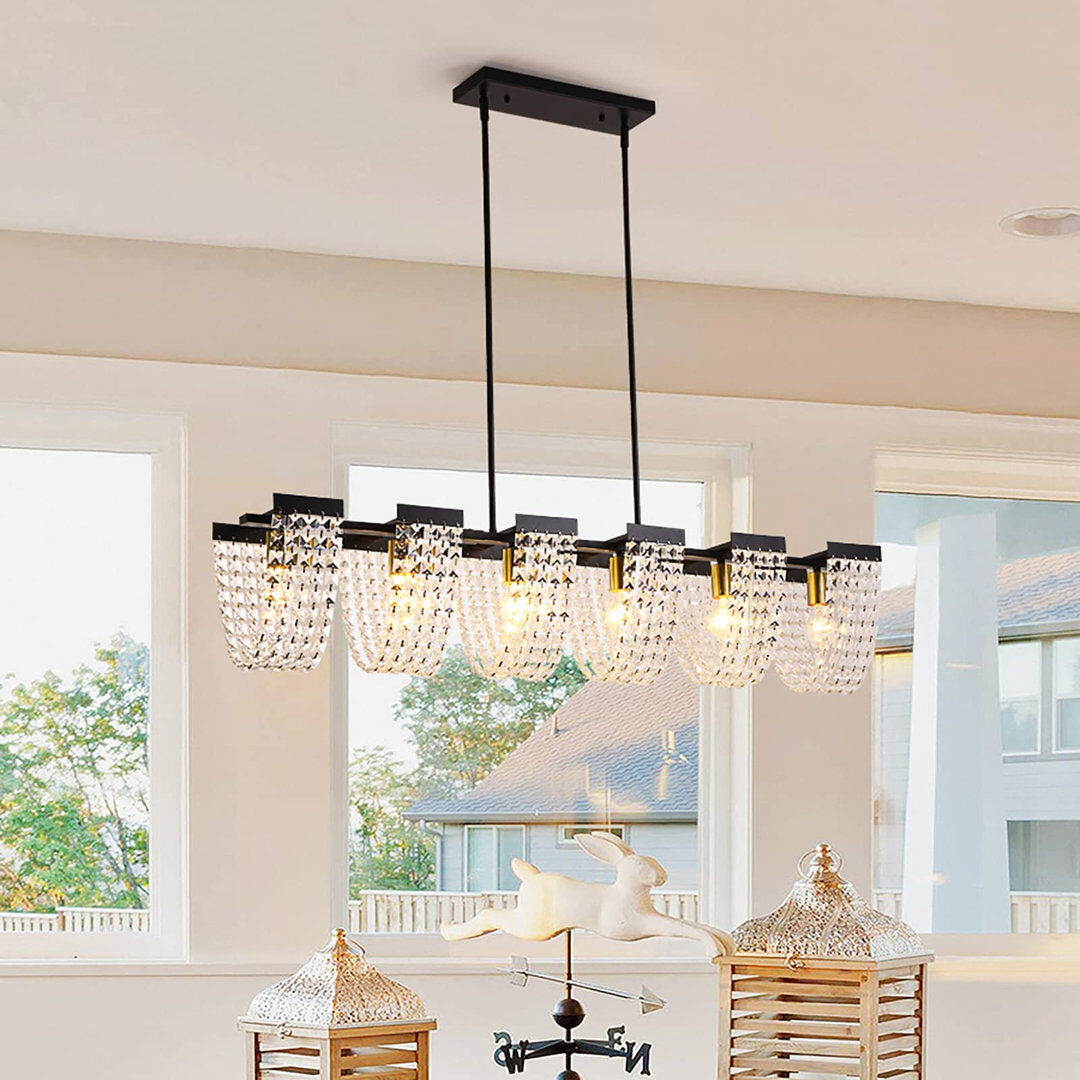 Blue Elephant Mahailey 6 - Light Crystal Kitchen Island Linear Pendant Black 23cm H X 120cm W X 23cm D