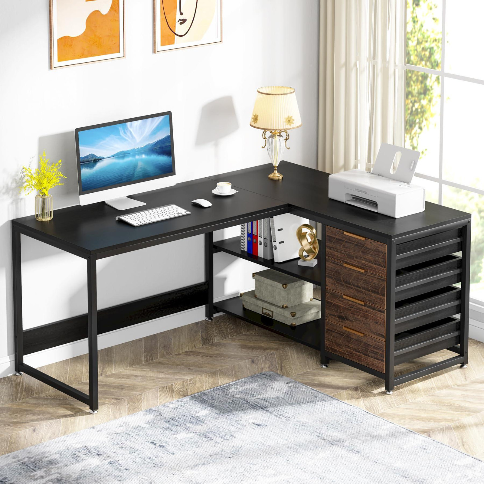 Tribesigns L-vormig bureau met lades en planken, omkeerbaar hoekbureau voor thuiswerken, zwart, Breedte: 150 cm