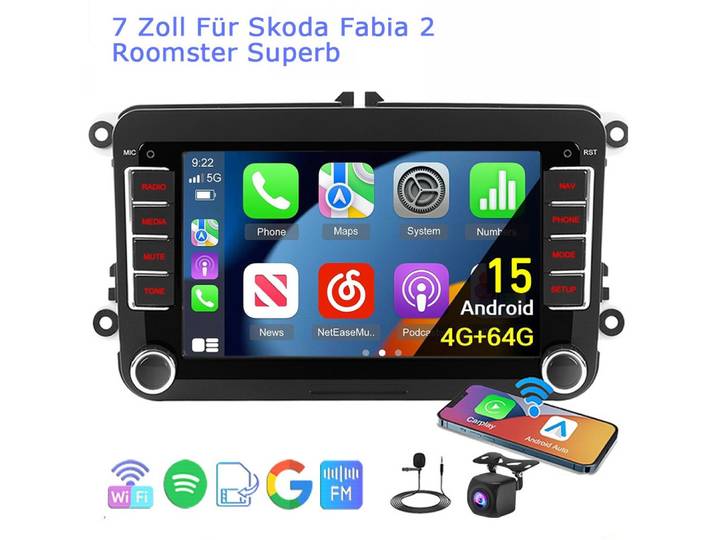 A-Sure Für Skoda Fabia Combi Roomster Superb GPS Navi RDS DSP 4+64G Bluetooth Autoradio (Digitalradio (DAB), Google play, Apple Carplay, Canbus)