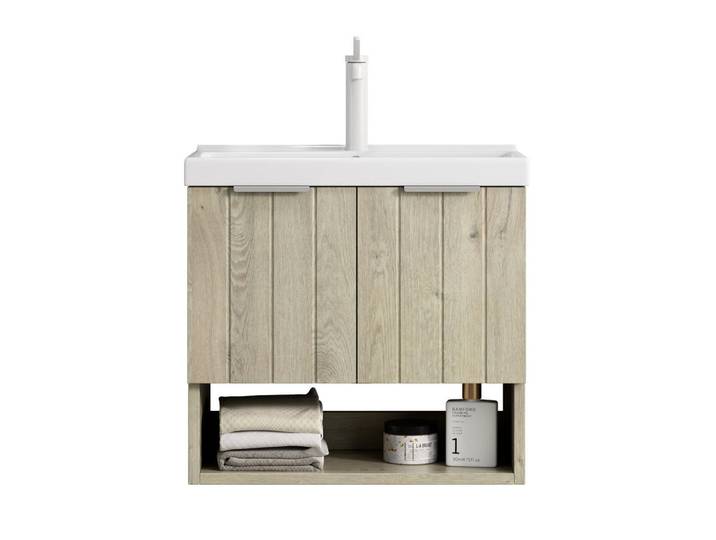 Modfu Waschtischunterschrank 55x32x53cm Creme/Weiß mit glänzendem Keramikbecken, 55x53x32 cm, Badezimmer, Waschbecken & Armaturen, Waschtische
