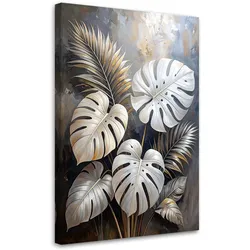 BILD auf Leinwand, Monstera- und Palmblätter auf grauem Hintergrund