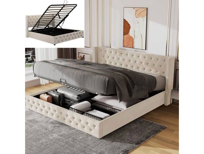 Lit double 140×200 cm Lit coffre 2 personnes Polaire cloutée double rang avec coutures boutonnées beige