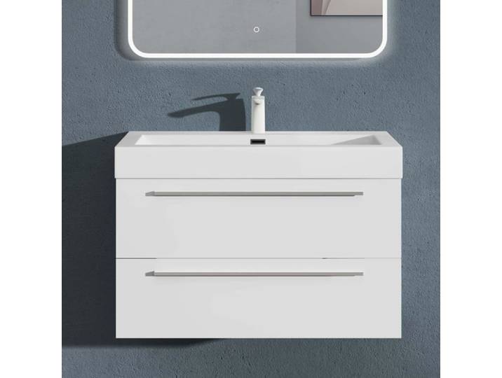 Sogood Meuble de Salle de Bains Blanc Mat Ensemble de 2 Pièces Meuble Suspendu avec Lavabo 90 cm Design Quadratto