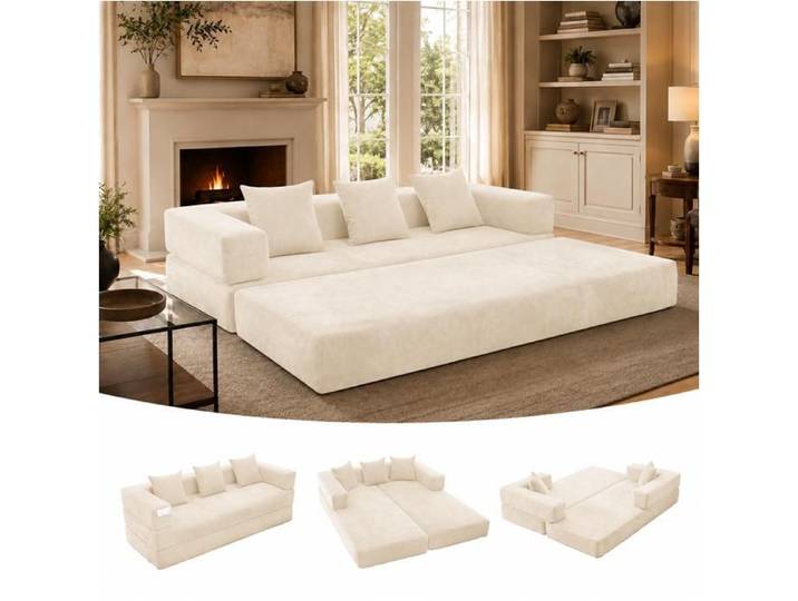 Canapé convertible 198 cm TOPESCT canapé-lit en velours avec poches latérales design modulable Beige