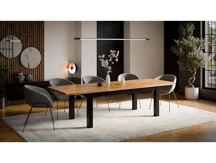 VALLH Ausziehbarer Esstisch Leonardo 100–300 cm Tisch für 10–12 Personen Eiche Craft Dekor Beine aus Buchenholz – schwarz lackiert modern, funktional Esszimmer (Craft Schwarz, 100x200/300)