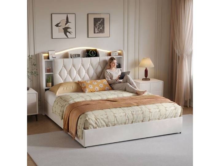 Lit double 140x200 cm avec LED et USB lit adulte 140x200 cm avec sommier à lattes lit coffre avec rangement lit 140x200 cm beige