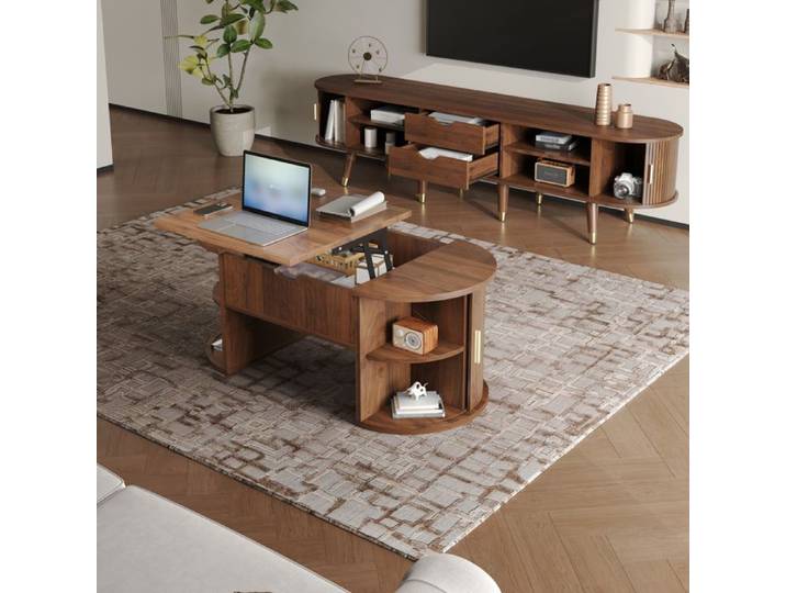 Ensemble meuble salon TV et table basse plateau relevable noyer - Portes coulissantes