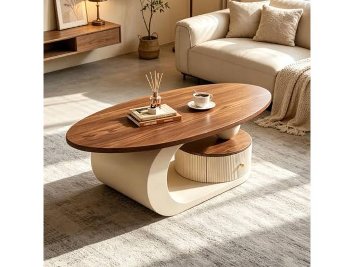 EBOYNSowAprr Luxuriöser gebogener Walnuss Couchtisch Designer Halbmondförmiger Teetisch im Mid-Century Modern Stil mit Geräumigem Stauraum(White,39.4in)