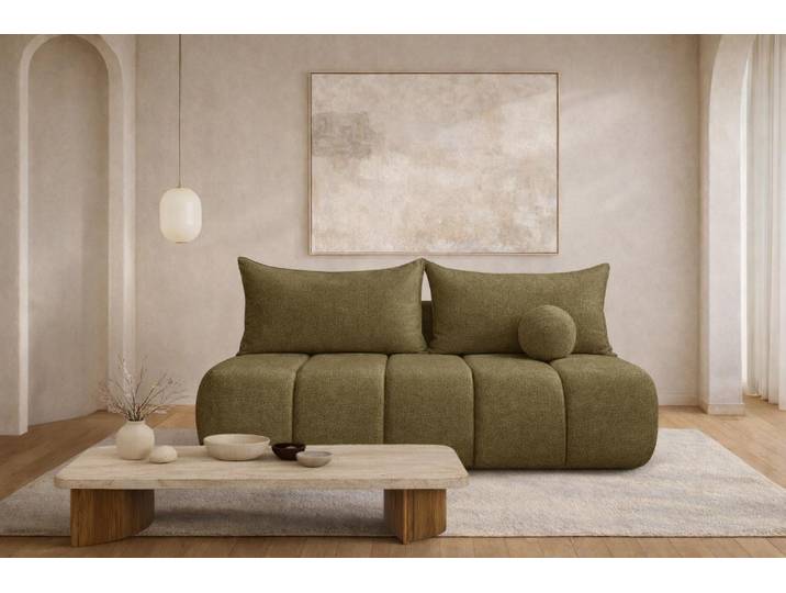 Kaiser Möbel Sofa mit Schlaffunktion und Bettkasten, Schlafsofa, Veloursstoff Monolith, Olive, PIANO