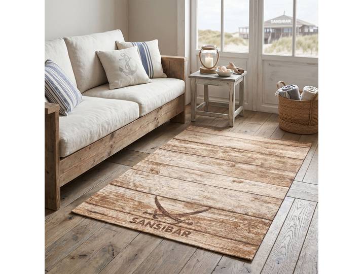 Teppich SANSIBAR Keitum 009 , braun, B:130cm H:3mm L:190cm, Polyester, Teppiche, Teppich, Flachgewebe, Motiv Holzdielen & gekreuzte Säbel, auch in rund